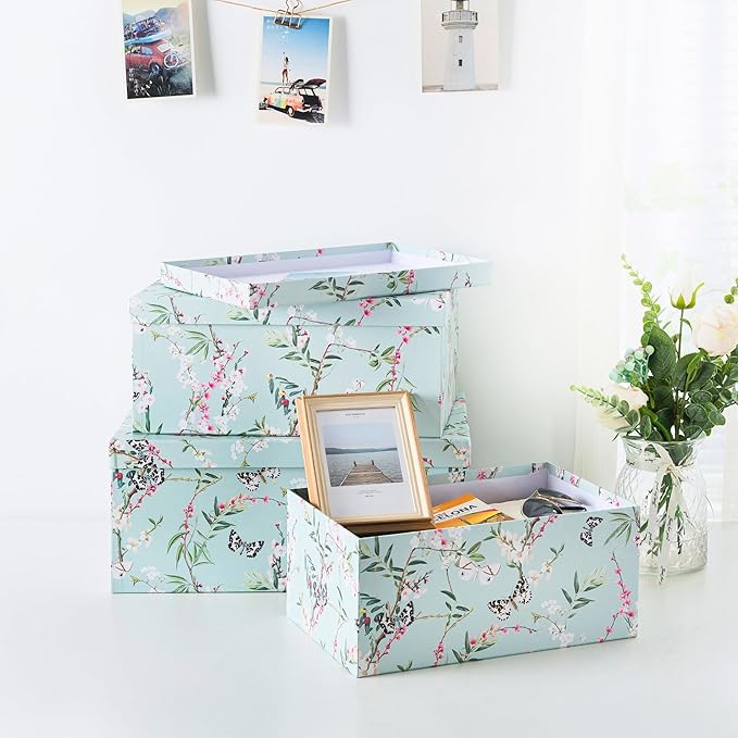 Soul & Lane Butterflies in Flight Photo Storage Boxes (Set of 3): Nesting Boxes with Lids, Floral Decorative Cardboard Containers, Paperboard Picture Storage for Photos, Nature Decor Cartons