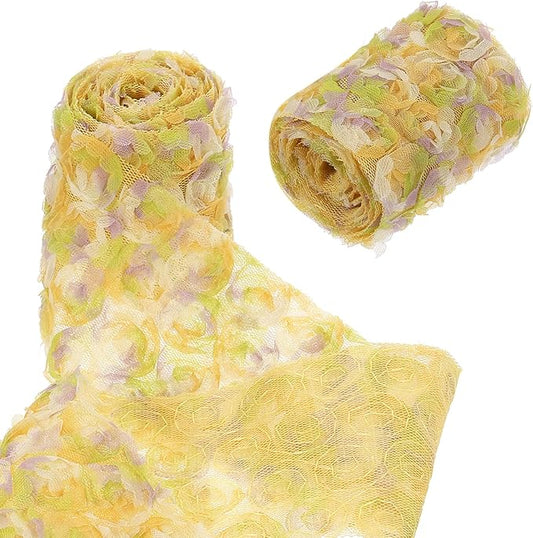 uxcell 2PCS Lace Trim Ribbon, 2.36 inch - 1 Yard 3D Rose Floral Embroidery Ribbons Edge Trimming for Sewing, Wedding Dress, DIY Crafts, Decoration Accessories, Color Yellow
