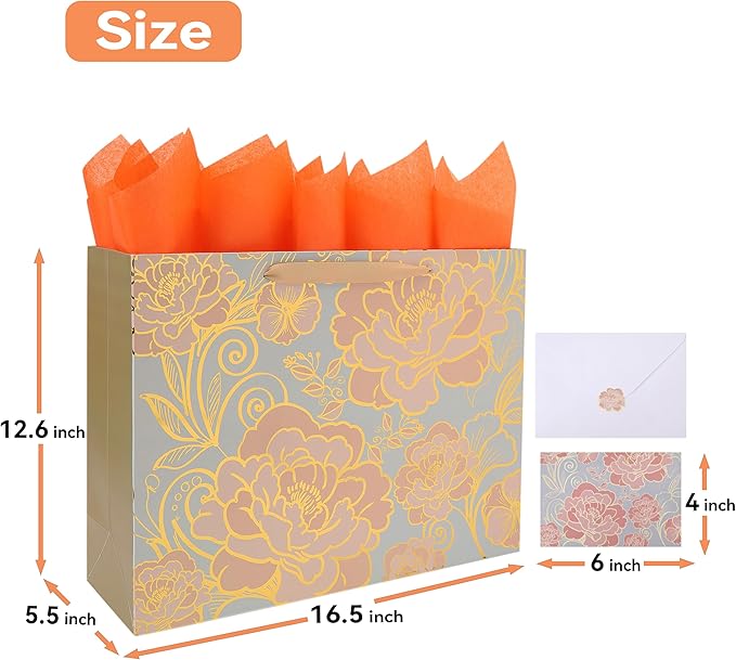 16.5” Extra Large Rose Gold Gift Bag Set with Handles, Greeting Card, Tissue Papers and Stickers for Women Girls for Birthday, Wedding, Valentine's Day and Mother’s Day, Foil Traced Flowers Design, 1 Pcs