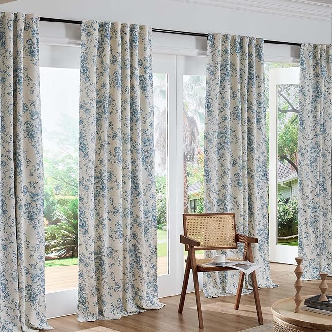 jinchan Blackout Linen Blend Curtain Floral Blackout Curtains for Living Room 84 Inch Length Blue Printed with Lined Blackout Curtain for Bedroom Farmhouse Curtains Set 2 Panels
