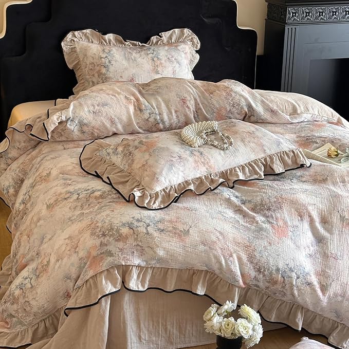 HighBuy Girl Linen Duvet Cover Set Twin XL Beige Ruffle Design,Vintage Floral Yarn Dyed Ruffled Bedding Set Natural French Breathable Farmhouse Bedding - 1 Twin XL Duvet Cover 2 Pillowcases