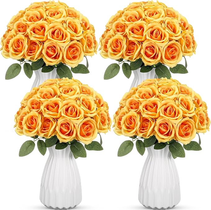 Hotop 40 Pcs Rose Artificial Flowers Bulk with Long Stem,Realistic Silk Fake Roses Bouquet for Home Wedding Centerpieces Party Table Decoration Valentines Gifts(Orange)