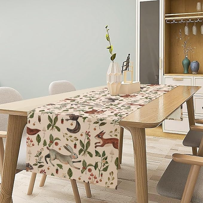 Rustic Forest Table Runner, Cartoon Woodland Wild Animals Rabbit Fox Vintage Botanical Mushroom Herbs Table Cover for Indoor Outdoor Home Decor Party, 13x90inch