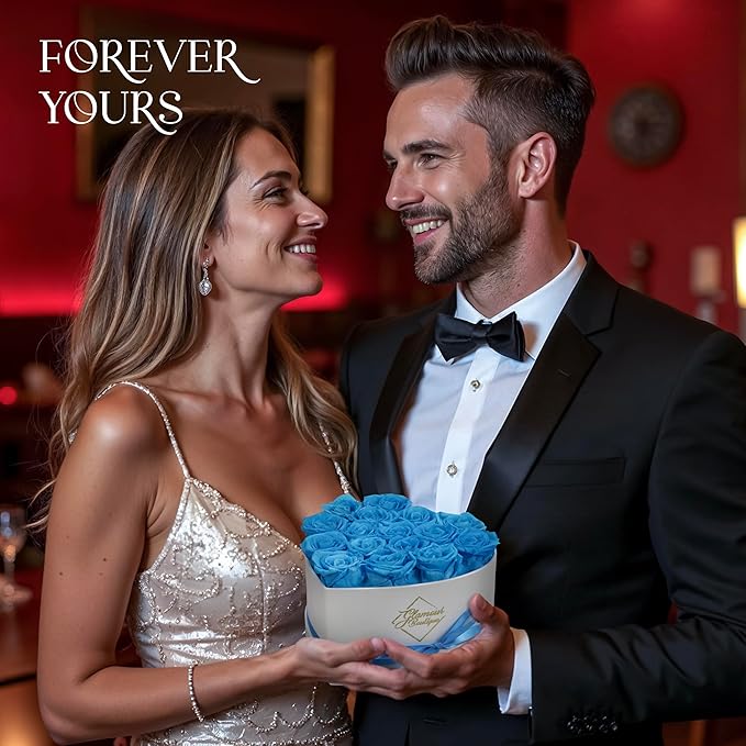GLAMOUR BOUTIQUE Preserved Roses in a Box - Gifts for Her, Wife & Mom, Rose Flowers Forever Decor for Birthday Gift, Get Well Flower Bouquet Cased in White Box with Cover - Teal - 16-Piece