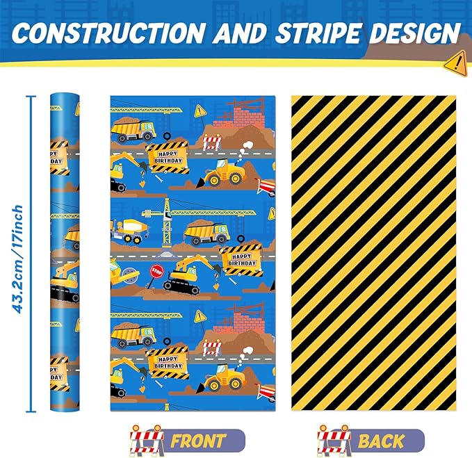 WERNNSAI Construction Wrapping Paper Roll-1 Roll 17”X 16.4 Ft Construction Truck Gift Wrapping Paper With Striped Design for Kids Boys Reversible Tractor Truck Gift Wrap for Birthday Holiday Party Supplies