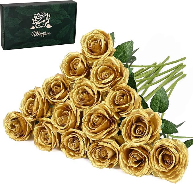 Waipfaru 16 Pcs Fake Gold Roses Artificial Flowers with Long Stems, Rose Bouquet Silk Faux Flowers for Valentines Wedding Party Vase Centerpiece Home Decor (Gold)