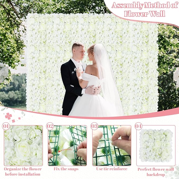 FOTSHARER Flower Wall Backdrop White Artificial Flower Wall Panel 15" x 15" Flower Panels for Backdrop 3D Floral Rose Wall Flower Photo Background Wedding Floral Back drop Wall for Wedding Party Event