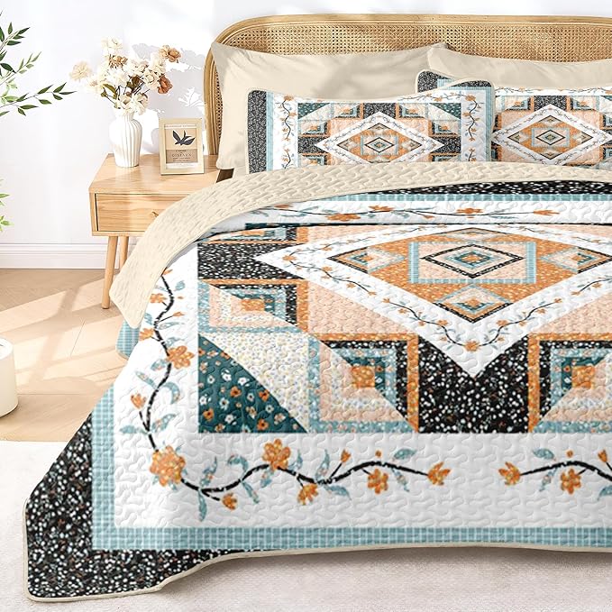 Quilt Set Twin Size, Farmhouse Floral 2 Pcs Soft Bed Cover Bedding Set, Boho Rustic Geometric Lightweight Bedspread Coverlet with Pillow Sham for All Season