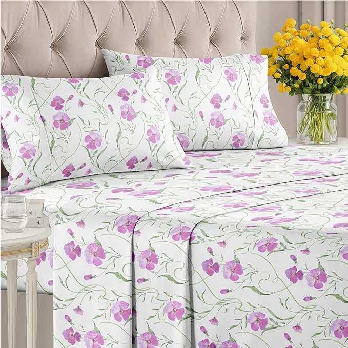 Floral Sheets - Pink Floral Bed Sheet Set - 1 Flat, 1 Fitted & 2 Pillowcases w/ Deep Pockets - Comfy, Wrinkle & Fade Free - Boho Botanical Bedding - Ultra-Soft, Breathable & Cooling - King Size Set