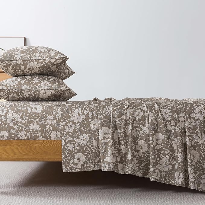 FADFAY 100% Cotton Floral Bed Sheet Set Queen, Mocha Mousse Botanical Print Bedding Set, Soft Breathable All Season Sheets, Vintage Flower Pattern with Flat Sheet, Fitted Sheet & 2 Pillowcases