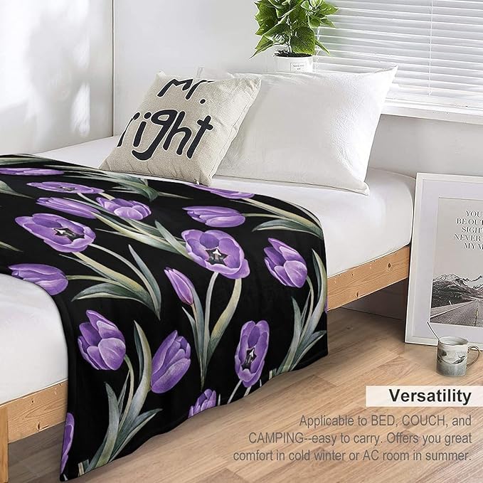 Purple Tulip Blanket Flower Gifts for Girls Women Tulip Floral Throw Blanket for Kids Adults Soft Warm Cozy Fleece Blanket for Couch Sofa Bed 40"x50"
