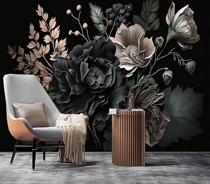 Eierme-Black Background with Flowers and Leaves Mural Wallpaper Peel and Stick 160" x 114"
