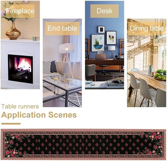 Romantic Rose Table Runner, Black Red Floral Blossoms Farmhouse Rustic Decor Table Runner for Kitchen Dining Home Party Wedding, 13x108 Inch