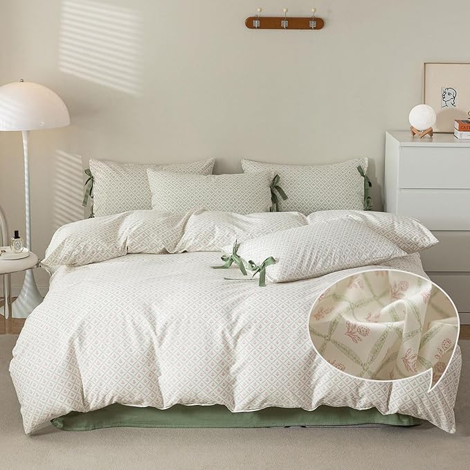 VM VOUGEMARKET Red Flower Comforter Set Twin XL Green Checkered Comforter with 2 Bow Ties Pillowcases Cute Botanical Cottagecore Bedding Sets for Teen Girls-Twin XL,Blue-68"x90"