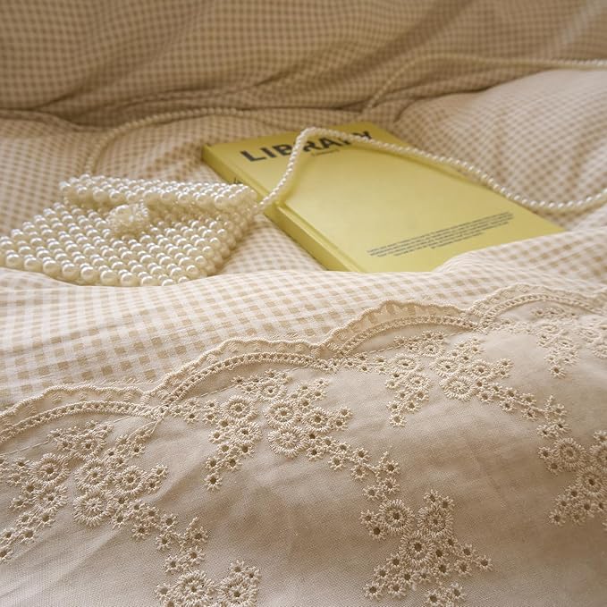 LifeTB Tan Gingham Duvet Cover Twin XL 3 Pieces Romantic Lace Duvet Cover Vintage Plaid Checkered Comforter Cover with 2 Pillowcases Soft Microfiber Beige Tan Grid Farmhouse Plaid Bedding Set