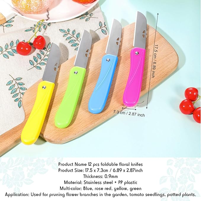 12 Pieces Pruning Knifes Garden Hand Pruner Stainless Steel Foldable Floral Knife with Blue Green Yellow Rose Red Cover, Pruner for the Garden