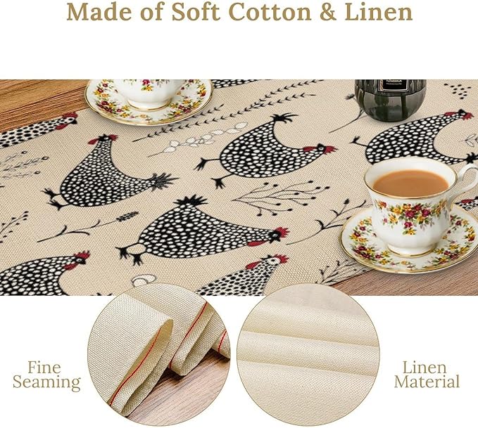 Farmhouse Rooster Table Runner Vintage Farm Funny Chicken Flower Dinner Runner for Country Farmhouse Home Kitchen Dinner Table Holiday Party Decoration 13x60in