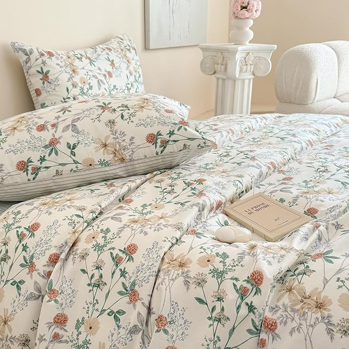 EAVD Fresh Garden Botanical Floral Duvet Cover King Soft 100% Cotton Chic Floral Leaves Print Bedding Set with 2 Pillowcases Aesthetic Botanical Comforter Cover with Zipper Closure