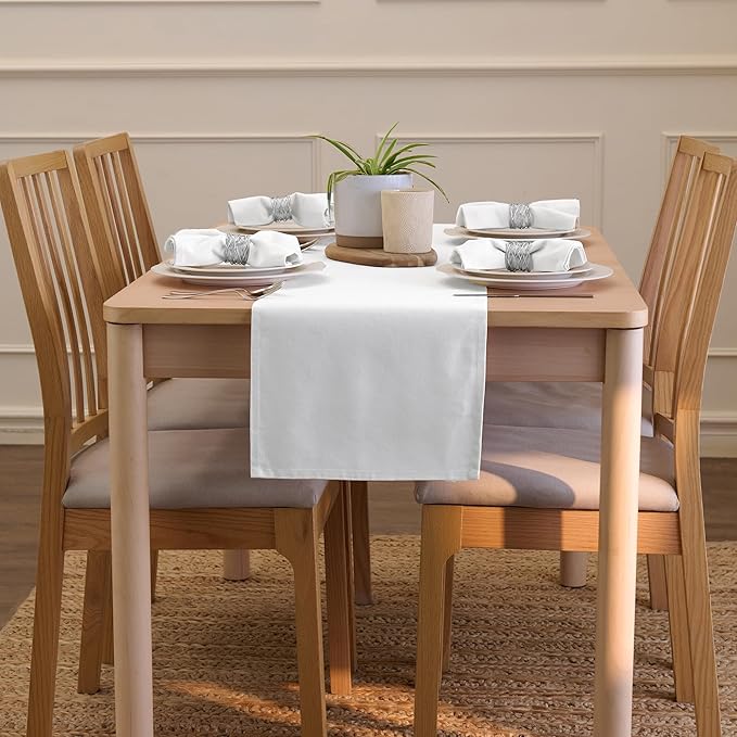Encasa XO Table Runner 13"x118" Long | Cotton Canvas Fabric | White Solid Color | Machine Washable & Durable