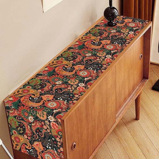 Vintage Paisley Table Runner, Colorful Retro Damask Antique Floral Flower Boho Damask Swirled Print Table Center Decor for Family Kitchen Table Decorations Indoor Outdoor 13x108 inch
