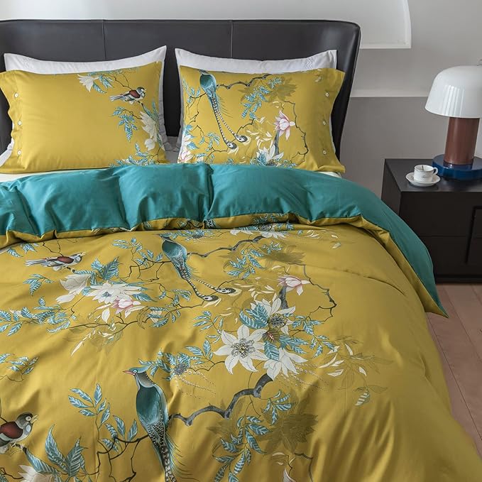 EAVD Vintage Garden Botanical Flower Cute Birds Pattern Duvet Cover King Cotton Yellow Chic Floral Tree Branches Printed Bedding Set with 2 Pillowcases Gorgeous Flower Duvet Cover with Zipper Closure