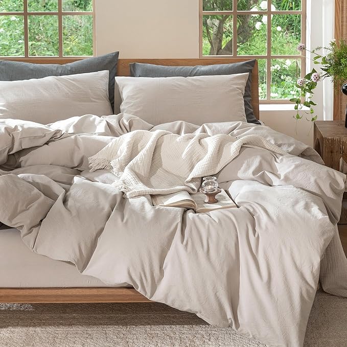 MooMee Bedding Duvet Cover Set 100% Washed Cotton Linen Like Textured Breathable Durable Soft Comfy (Solid Light Tan, Twin 68"x90")