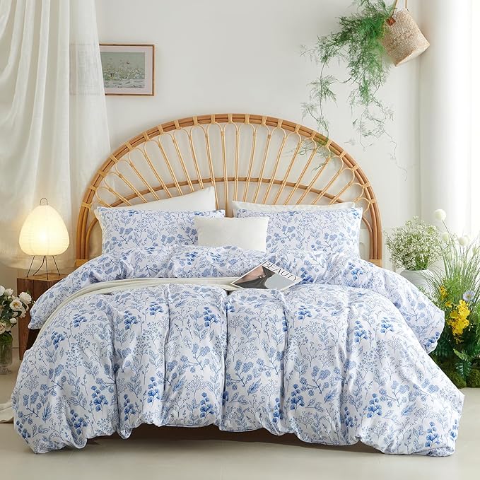 Nayoroom Blue Floral Duvet Cover Full Size Cottagecore Botanical Flower Spring Comforter Cover 3 Pcs Soft Breathable Microfiber Pastoral Aesthetic Bedding Set Gift for Women