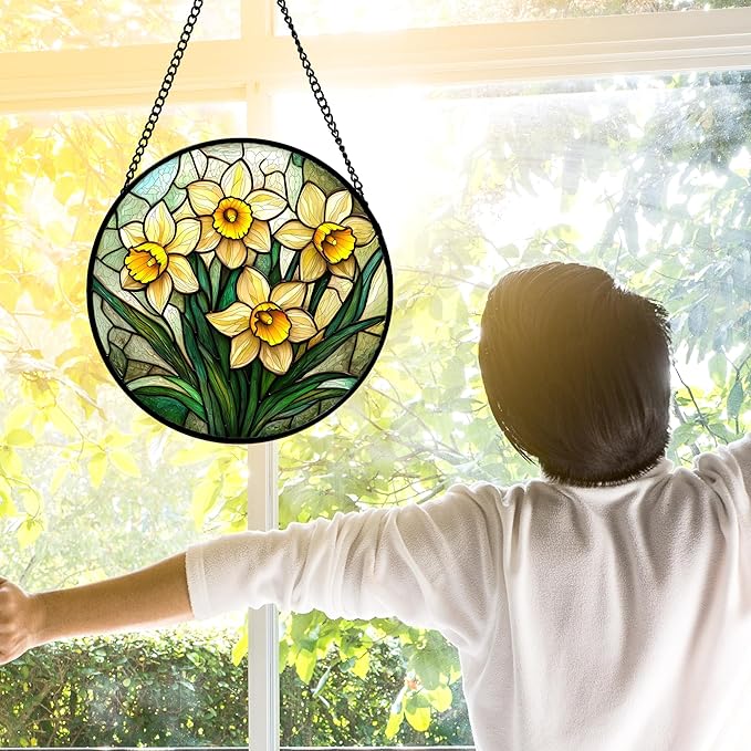 Stained Glass Window Hanging, Daffodil Plant Flowers Sun Catchers Diamond Glass Panel Hangings Suncatcher Decor for Birthday for Women, Men, Wife, Aunt, and Mom 9.8 in