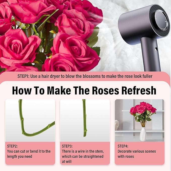 20PCS Artificial Roses with Long Stems - Realistic Silk Flowers, Fake Roses Real Touch Bouquet Roses for Home Decor, Bridal Wedding Table Centerpieces, Faux Rose Flowers (Hot Pink)