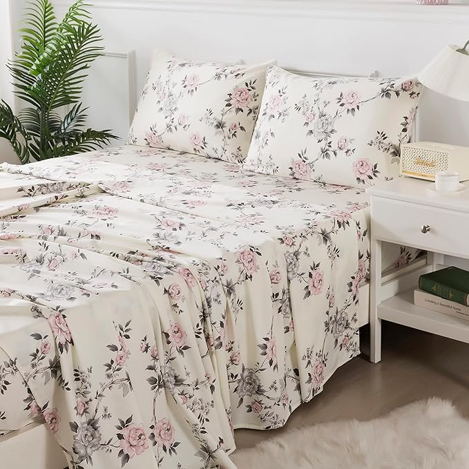 FADFAY Floral Sheets Set Cal King Vintage Rose Floral Bedding Shabby Grey and Pink Peony Printed Sheets 800 Thread Count 100% Egyptian Cotton Soft Deep Pocket Fitted Sheet 4Pcs, California King Size