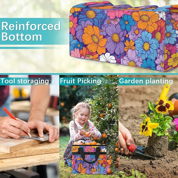 Garden Tool Bag Organizer Garden Tote Bag with Pockets Rainbow Flowers Tool Storage Organizer Gardening Tool Kit Holder 13" x 6.8" x 2.8"