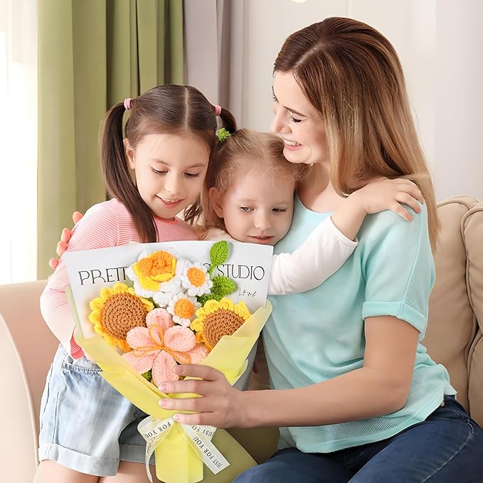 Crochet Flower Bouquet, Crochet Flowers for Graduation Gift, Handmade Sunflowers Tulips Roses 7Pcs, Wedding Bouquet, Home Decor, Anniversary, Birthday Gift for Women Wife Lover Friends (Sunflower)