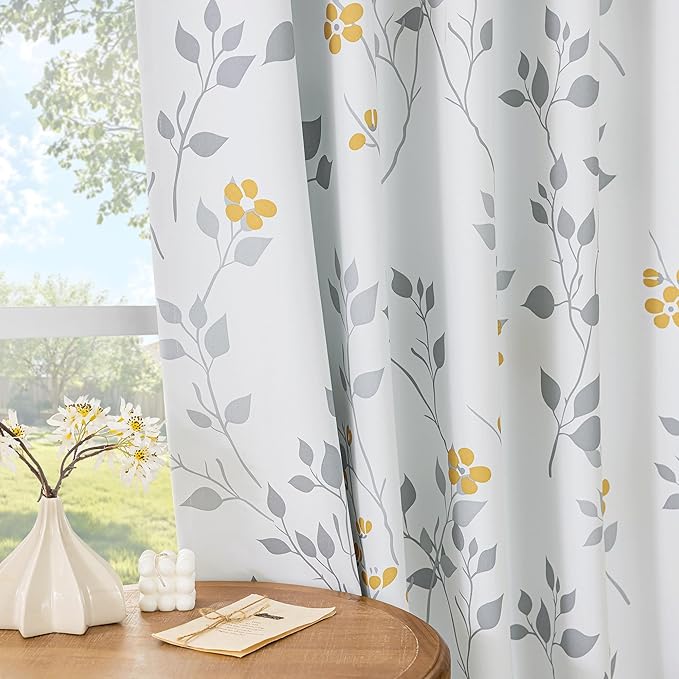 Beauoop Floral 100% Blackout Curtains 84 Inches Long 2 Panels for Bedroom Living Room Yellow Grey and White Flower Patterned Room Darkening Thermal Soundproof Rod Pocket Back Tab Window Drapes, 52X84