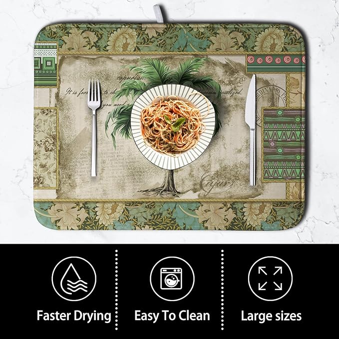 Palm Tree Kitchen Dish Drying Mat for Dishes 16x18 Inch Summer Vintage Tropical Leaves Green Jungle Plant Drying Mat Botanical Dish Drainer Mat Super Absorbent Dish Rack Pad for Coffee Bar Sinks