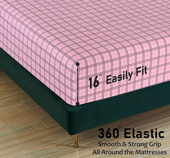 RUVANTI Flannel Sheets California King Size - 100% Cotton Brushed Cal King Bed Sheets Set - Deep Pockets 14 Inches - All Seasons Breathable & Extra Soft - Warm & Cozy, 4 Piece, Check & Bolt Pink
