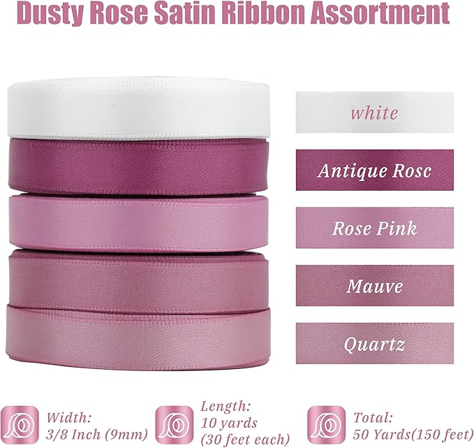 Dusty Rose Ribbon 3/8 Inch Thin Dusty Pink Satin Ribbon 5 Rolls Assortment Rose Pink Ribbon for Wedding Mauve Ribbon for Gift Wrapping Baby Shower Invitation Card Crafts - 50Yards