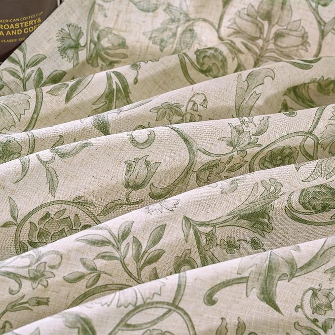 jinchan Linen Floral Curtains for Living Room with Printed Flower 96 Inches Long Light Filtering Farmhouse Window Treatment Vintage Drapes Back Tab Rod Pocket 2 Panels Green on Beige