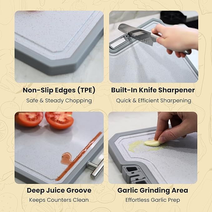 Stainless Steel Cutting Board Set, Double-Sided 304 Stainless Steel & PP, Built-In Knife Sharpener, Non-Slip Juice Groove, Dishwasher Safe Steel Cutting Boards For Kitchen, Medium & Large