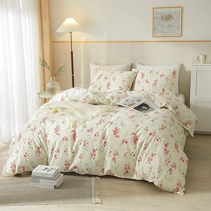 Vintage Garden Style Pink Floral Comforter Set Full Chic Boho Floral Bedding Comforter Fluffy Soft Aesthetic Flowers Botanical Comforter with 2 Pillowcases Girls Women Cottagecore Comforter Set