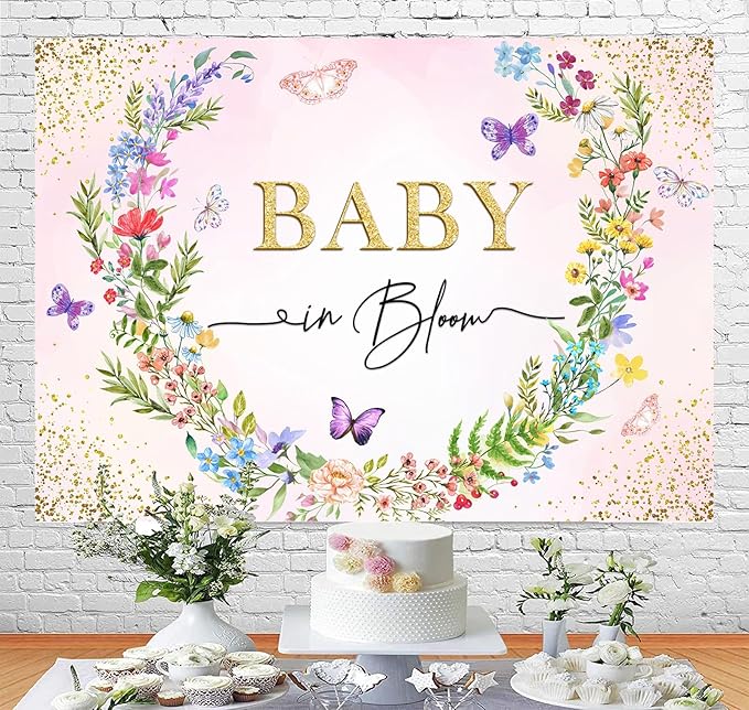 Sensfun Baby in Bloom Backdrop Banner Girls Wildflower Baby Shower Decorations,Pink Floral Butterfly Gold Glitter Photography Background for Wildflowe Baby Shower Newborn Party Photo Booth Props 8x6ft