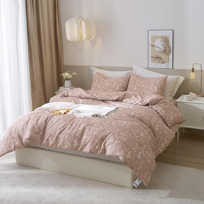 EAVD Fresh Dust Pink Floral Duvet Cover Twin Girls Soft Cotton Garden Flower Bedding Set with 2 Pillowcases Chic Vintage Botanical Floral Comforter Cover with Zipper Closure