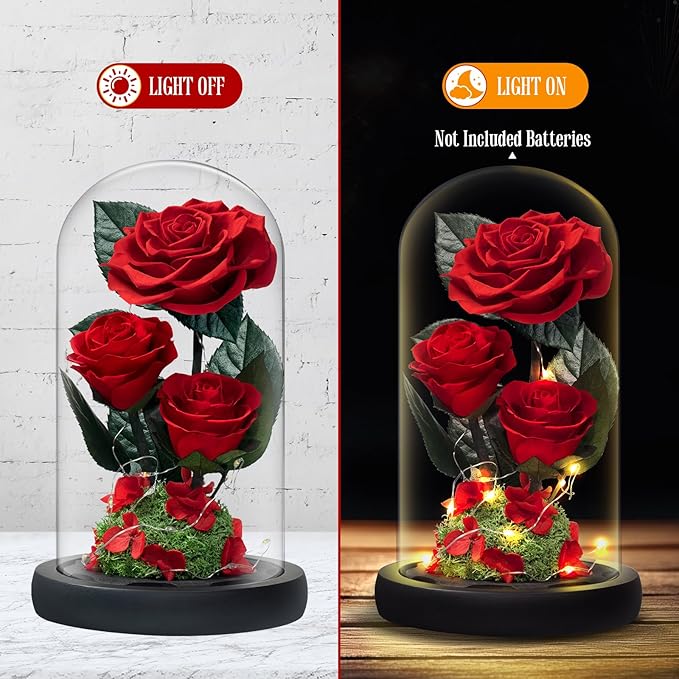 3 Preserved Flowers Roses in Glass Dome with Light for Beauty and The Beast Decor Real Rosas Eternas for Women Mom Birthday,Forever Red Roses for Delivery, Gifts for Wife Girlfriend Her