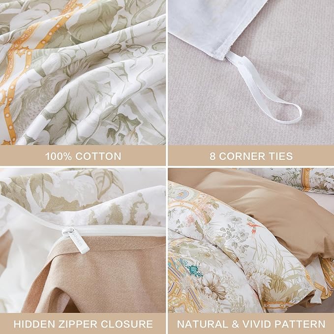 SAPHREAS Gold Floral Duvet Cover Set 2pcs Twin Size White Flower Botanical Blossom Bedding Comforter Cover Set 100% Cotton 1 Duvet Cover 68"x90" 1 Pillow Sham, Comforter Not Included
