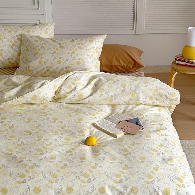 AOJIM Yellow Lemon Pattern Duvet Cover Set for Kids Adults, Super Soft Pure Cotton Comforter Cover Set 3pcs, 1 Cute Comfy Quilt Cover Twin Size and 2 Matching Pillowcases for Room Decor, No Comforter