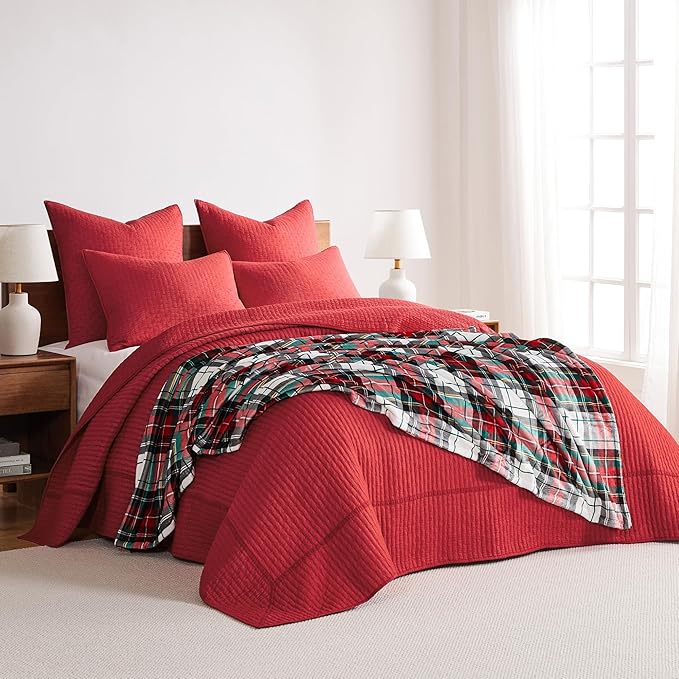 Levtex Home Cross Stitch Reversible Full Bedspread Set (100x104in) with 2 Pillow Shams (26x20in) - Stitch Texture - Chile Red - Cotton Full Size Bedspread Set - Lightweight, Soft, Pre-Washed