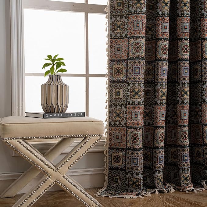 ENJOYBRIDAL Patchwork 63 Inch Curtains for Bedroom Living Room Drapes Jacquard Bohemian Semi Sheer Short Window Curtains 2 Panel Sets Vintage Geometric Black Rod Pocket Boho Window Treatments