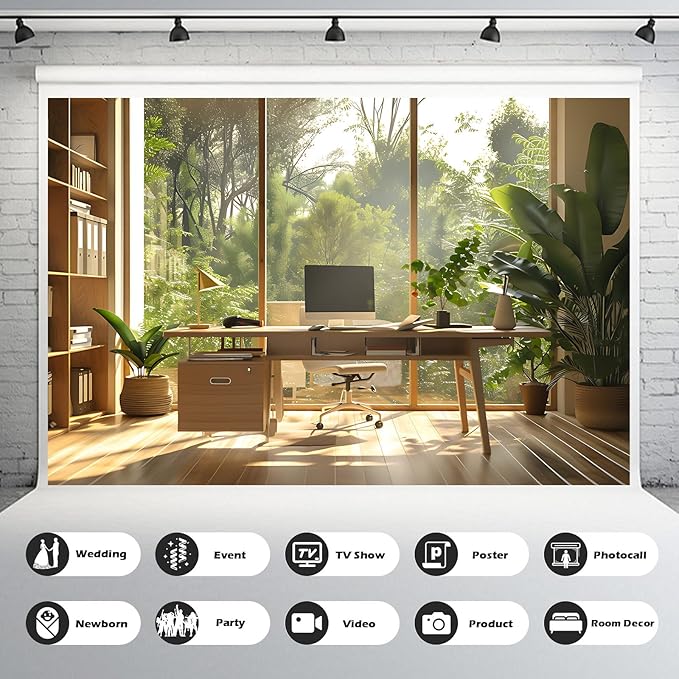 Office Background for Video Conference Modern Cozy Home Office Space Work Place Backdrop Sunlight Indoor Plants Tranquil Work Environment for Live Video Zoom Calls Studio Props Decor 15x10ft