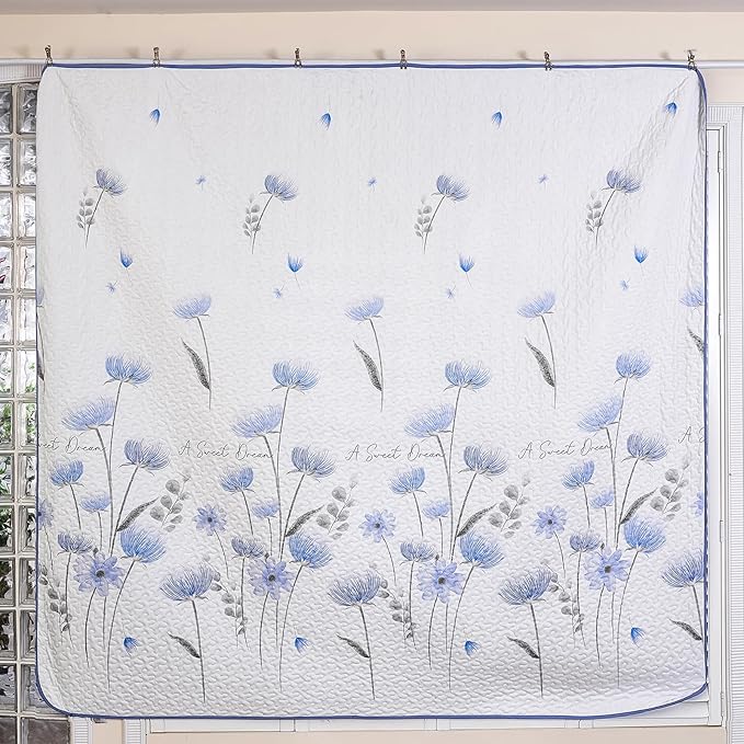 Dinjoy Floral Quilt Set Twin Size, Blue Bedspreads 2 Pieces Cute Bedding Set Lightweight Farmhouse Quilts Soft Flower White Coverlet Bed Sets for Women All Season 68"x86"