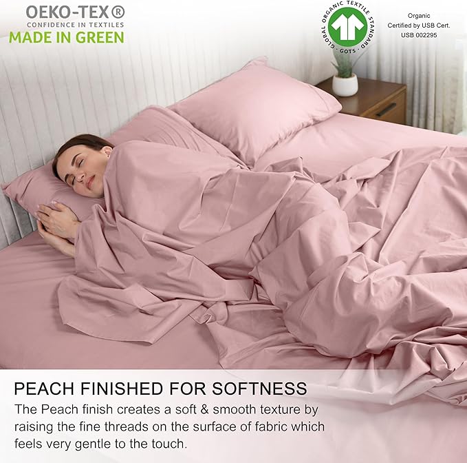 RUVANTI 100% Organic Cotton Sheets Split King, Percale Weave, GOTS Certified, 5-Piece Set, Deep Pocket 15", Crisp & Breathable, Soft Durable Bedding, Sábanas Algodón Orgánico – Peach Skin