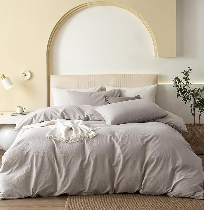 JIYUAN 100% Washed Cotton Duvet Cover Set 3 Pieces Super King, 1 Duvet Cover 108x98 Inches(Comforter Not Included) and 2 Pillowcases,Linen Feel Bedding Set Comfy and Breathable, Heathered Cream Grey